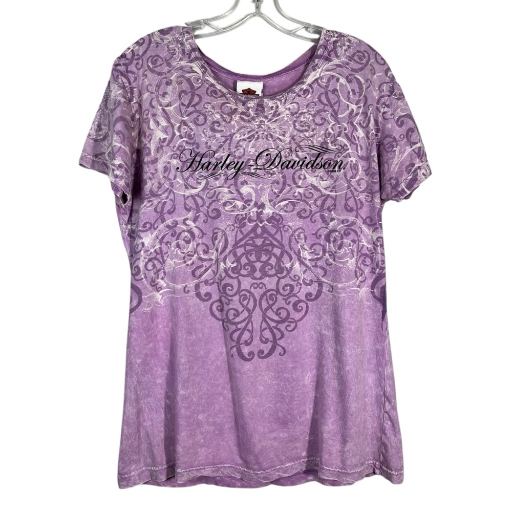 Harley Davidson Y2K Purple Leopard Print Fitted Script Logo Biker T-Shirt Large